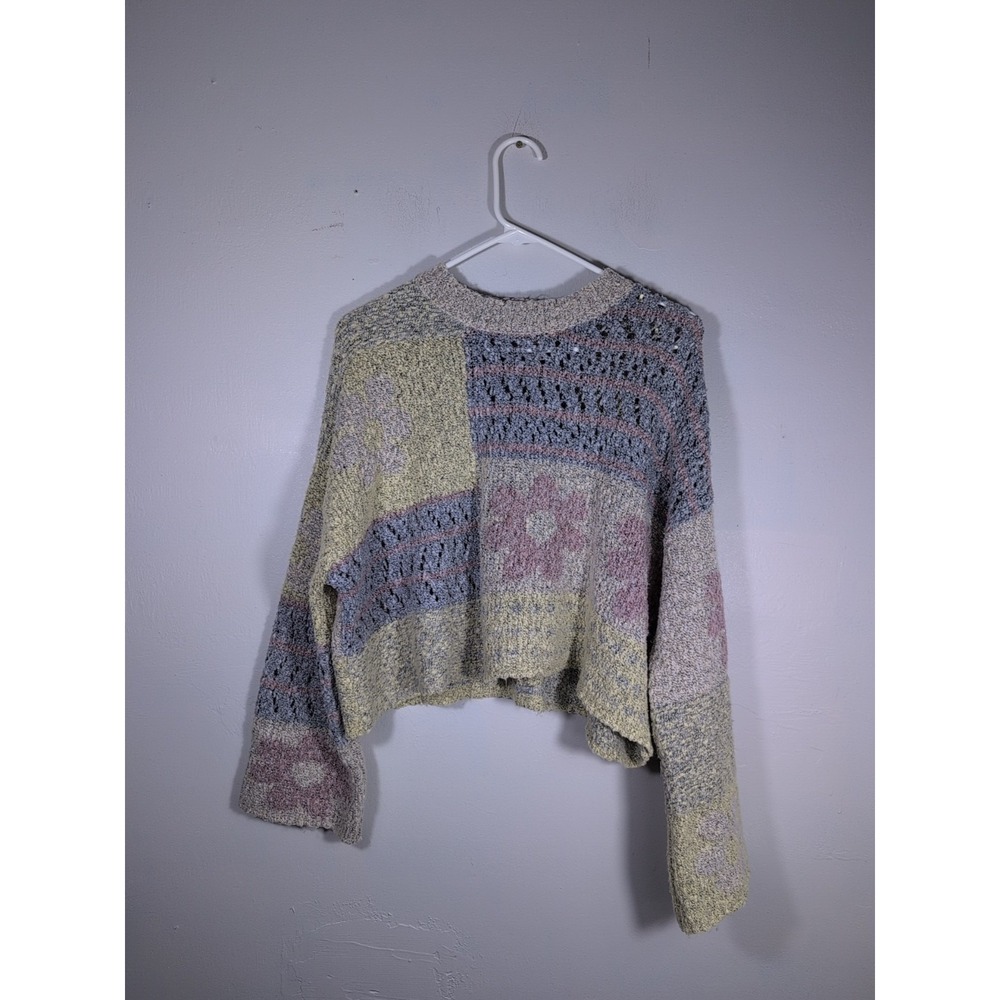 Sincerely Jules Womens Patchwork Floral Boucle Knit Cropped Sweater Multicolor S